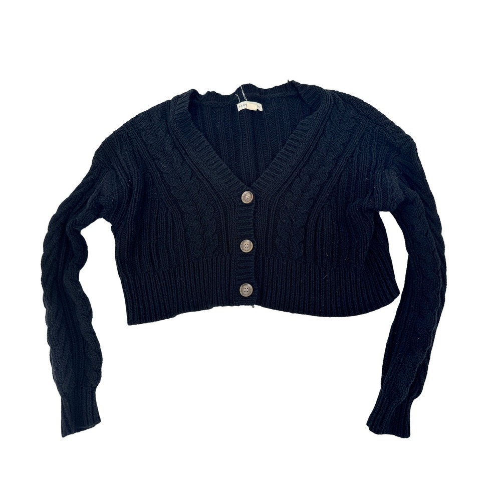 Aeropostale Cropped Cardigan Sweater Womens XS Black Cable Knit V-Neck Button Up
